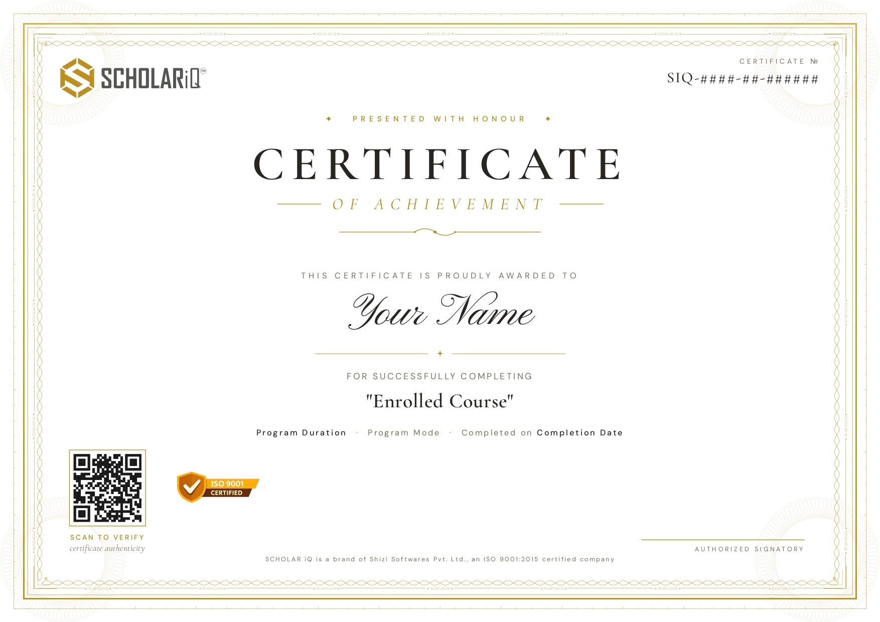 SCHOLAR iQ Training Sample Certificate